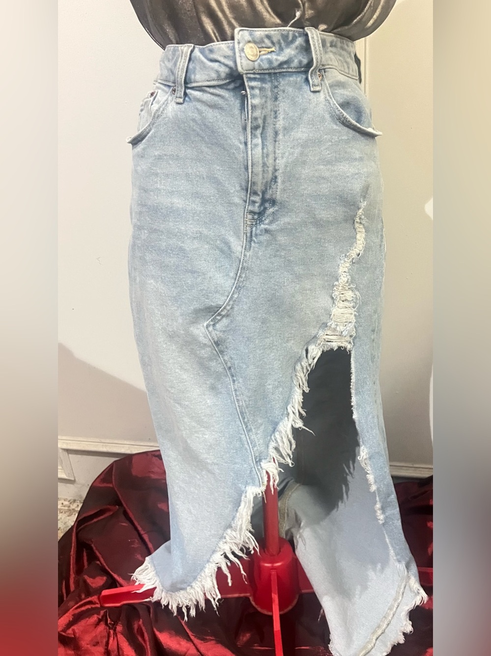 Forever 21 Light Blue Asymmetrical Distressed Denim maxi Skirt size large